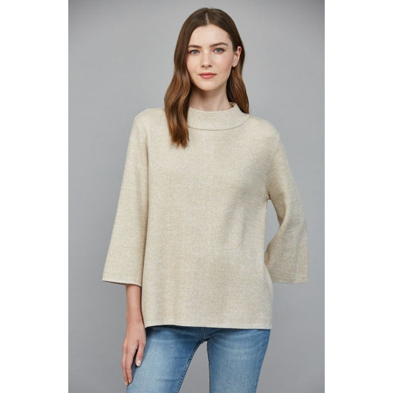 Angelina Metallic Mock Neck Bell Sleeve Sweater - Cream Gold