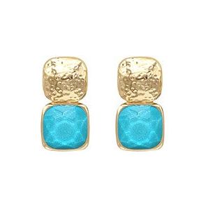 Double Square Gold and Gemstone Earrings - Aqua