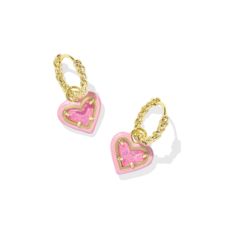 KENDRA SCOTT ARI HEART ENAMEL FRAME HUGGIE EARRINGS GOLD PINK IRIDESCENT GLITTER GLASS