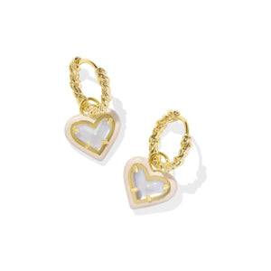 KENDRA SCOTT ARI HEART ENAMEL FRAME HUGGIE EARRINGS GOLD IVORY MOTHER OF PEARL