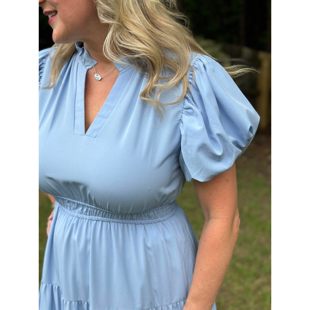 Amberlyn V-Neck Bubble Sleeve Tiered Midi Dress - Chambray