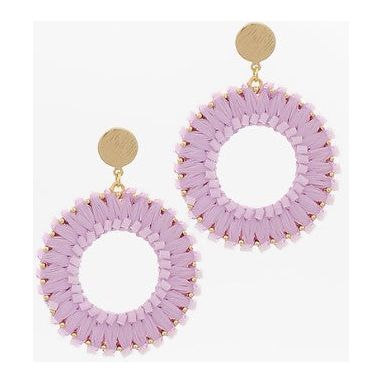 Bead & Wrapped Raffia Round Earrings - Lavender