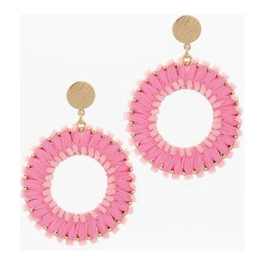 Bead & Wrapped Raffia Round Earrings - Pink