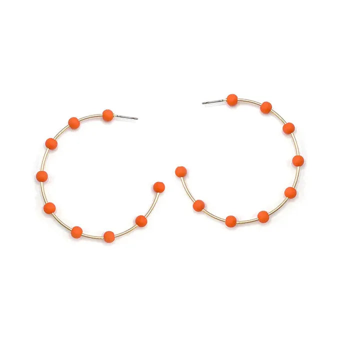 Beaded Metal Hoop Earrings - Orange