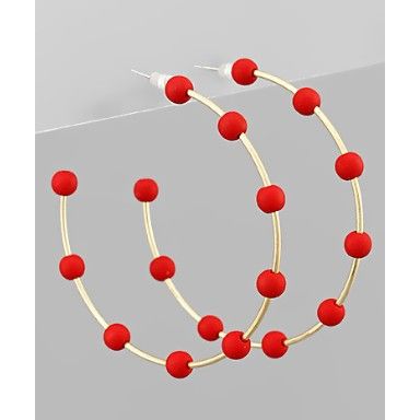 Beaded Metal Hoop Earrings - Red