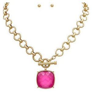 Big Stone Pendant Necklace Set - Fuchsia