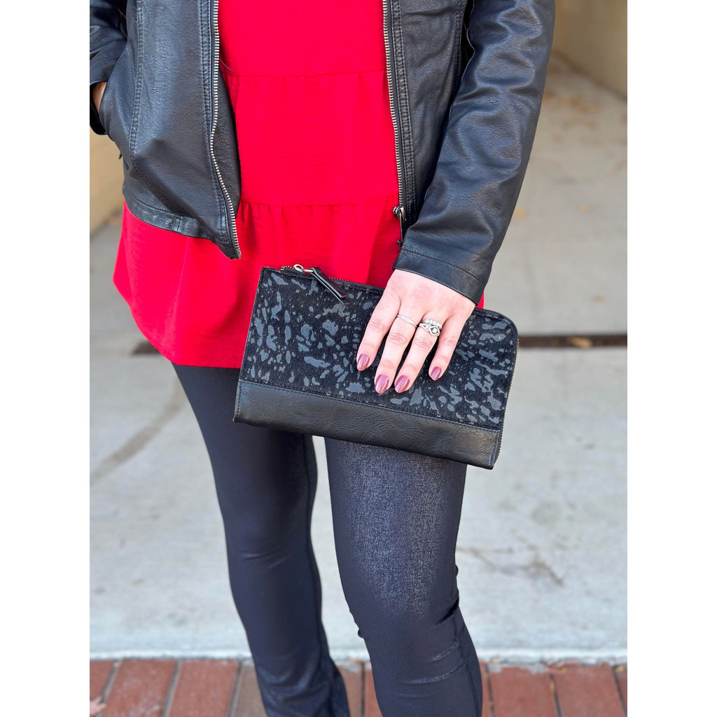 Black Abstract Faux Fur Convertible Wristlet and Wallet