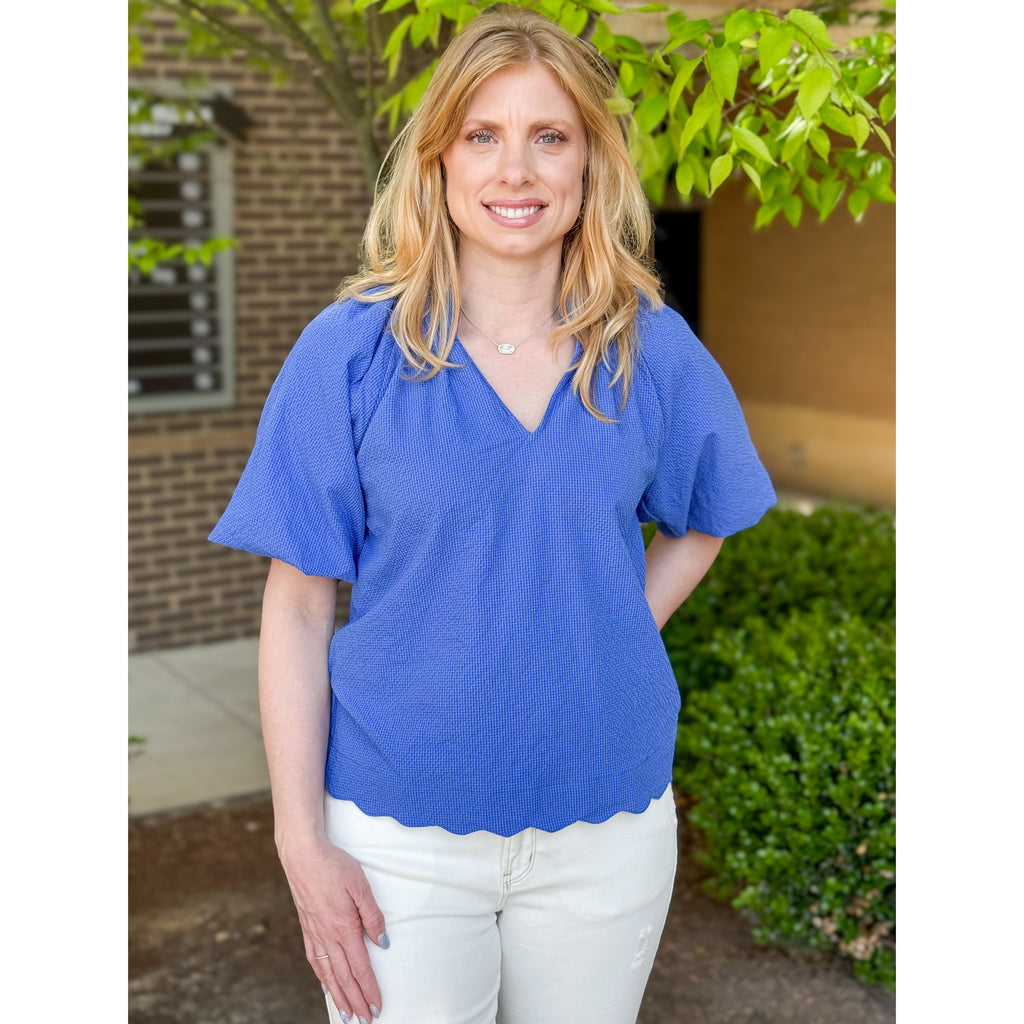 Mira Bubble Sleeve Seersucker Top - Ocean Blue