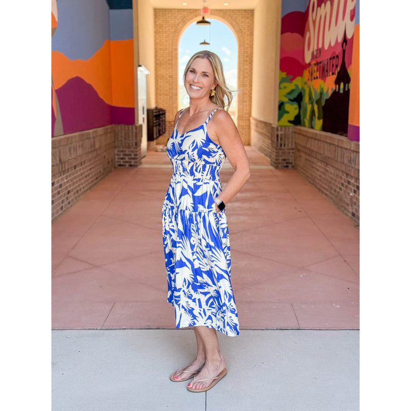 Suzanne Printed Smocked Waist Midi Dress - Blue/Cream