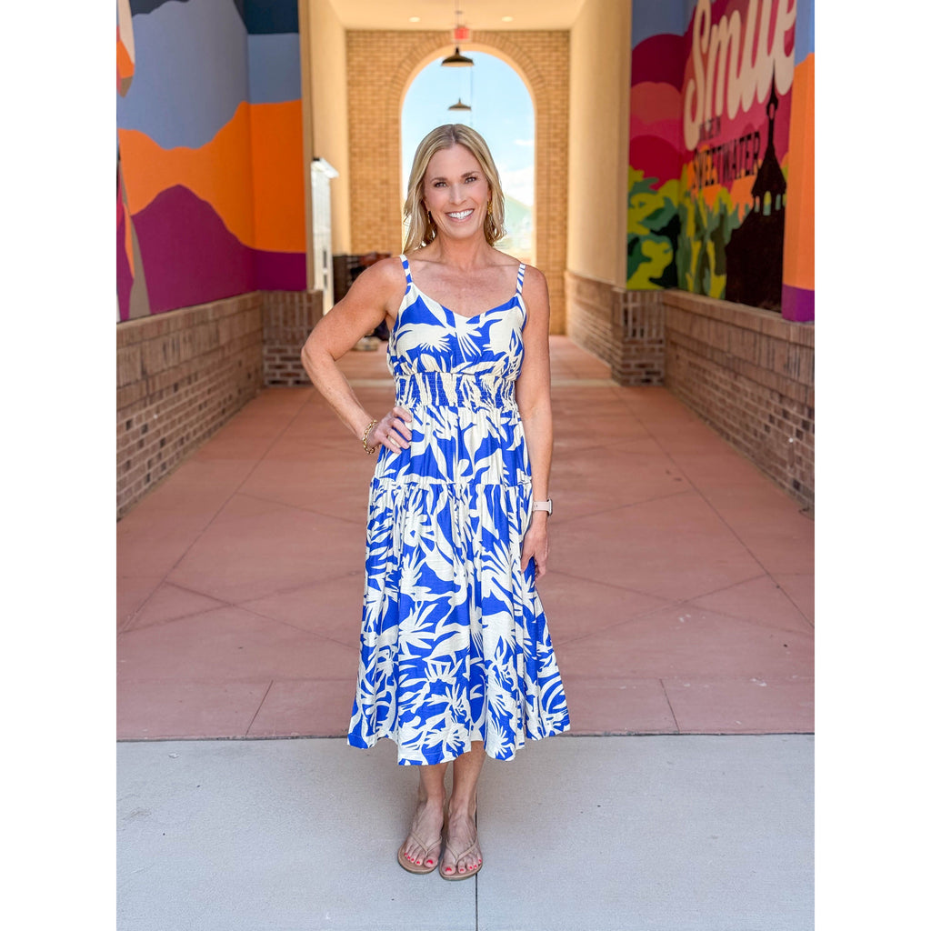 Suzanne Printed Smocked Waist Midi Dress - Blue/Cream