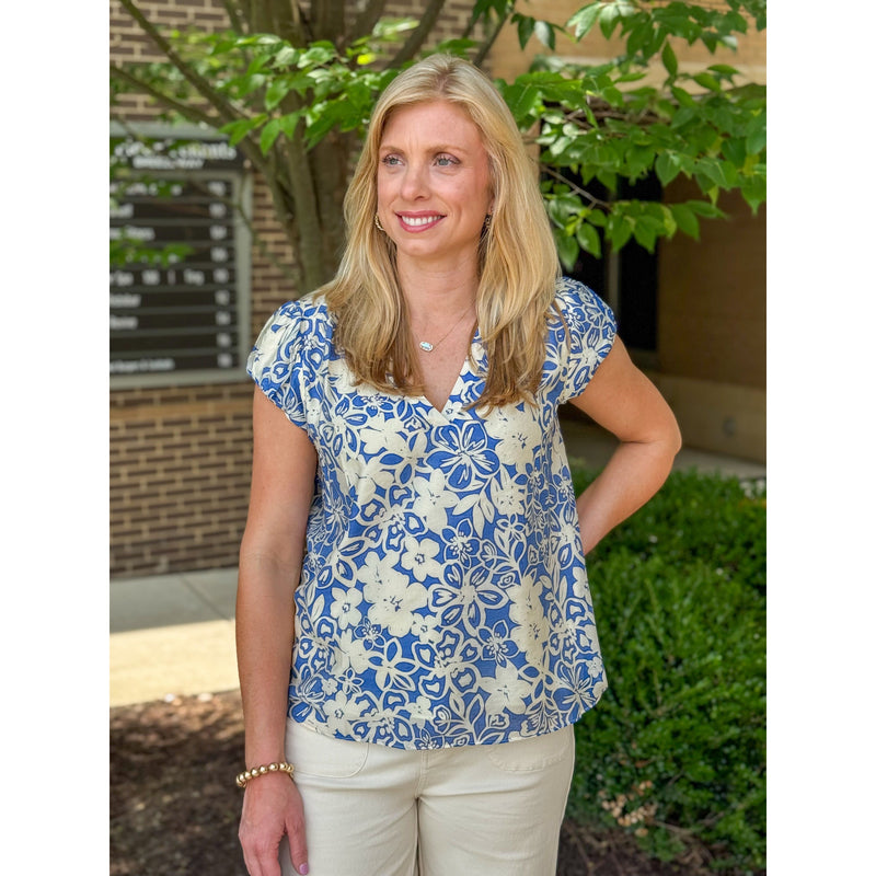 Sasha V Neck Cap Sleeve Top - Blue Floral