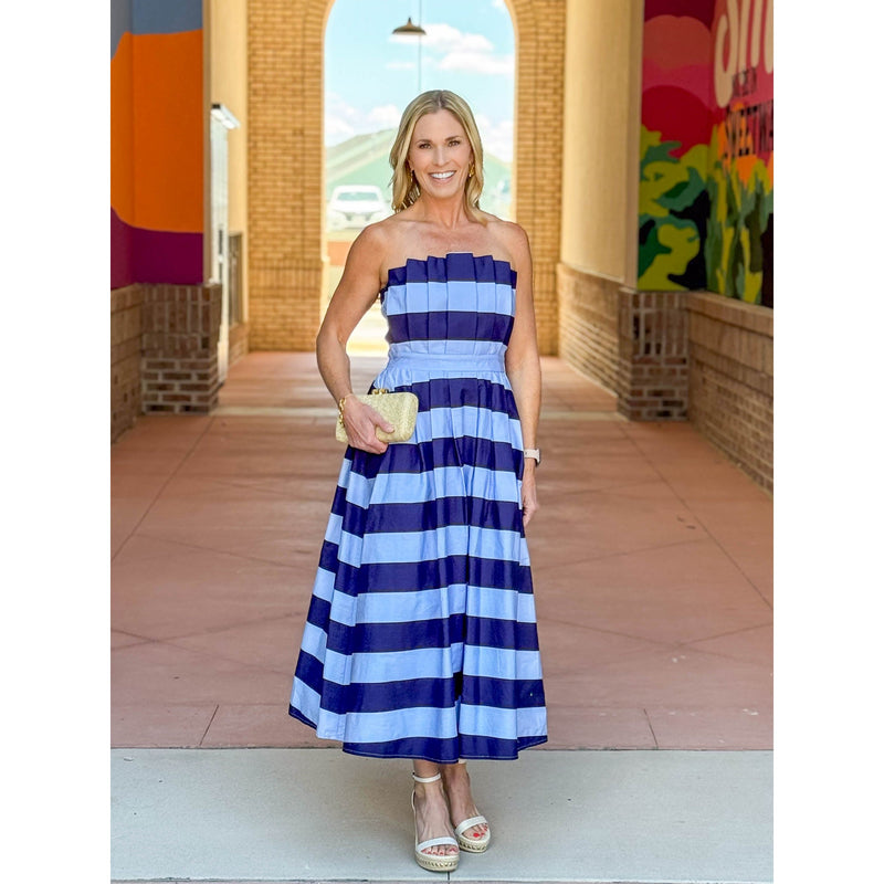 Raelyn Stripe Print Strapless Pleated Midi Dress - Blue