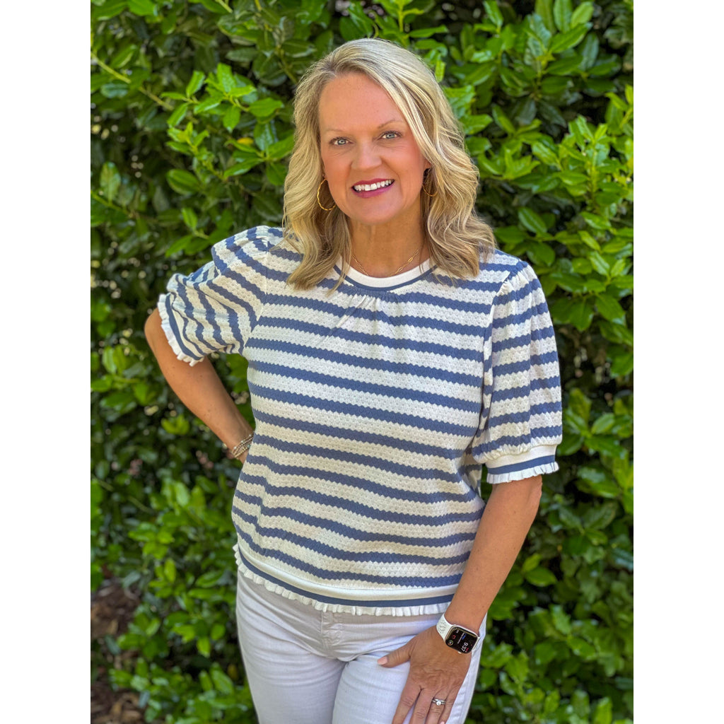 Raine Striped Contrast Band Knit Top - Slate Blue