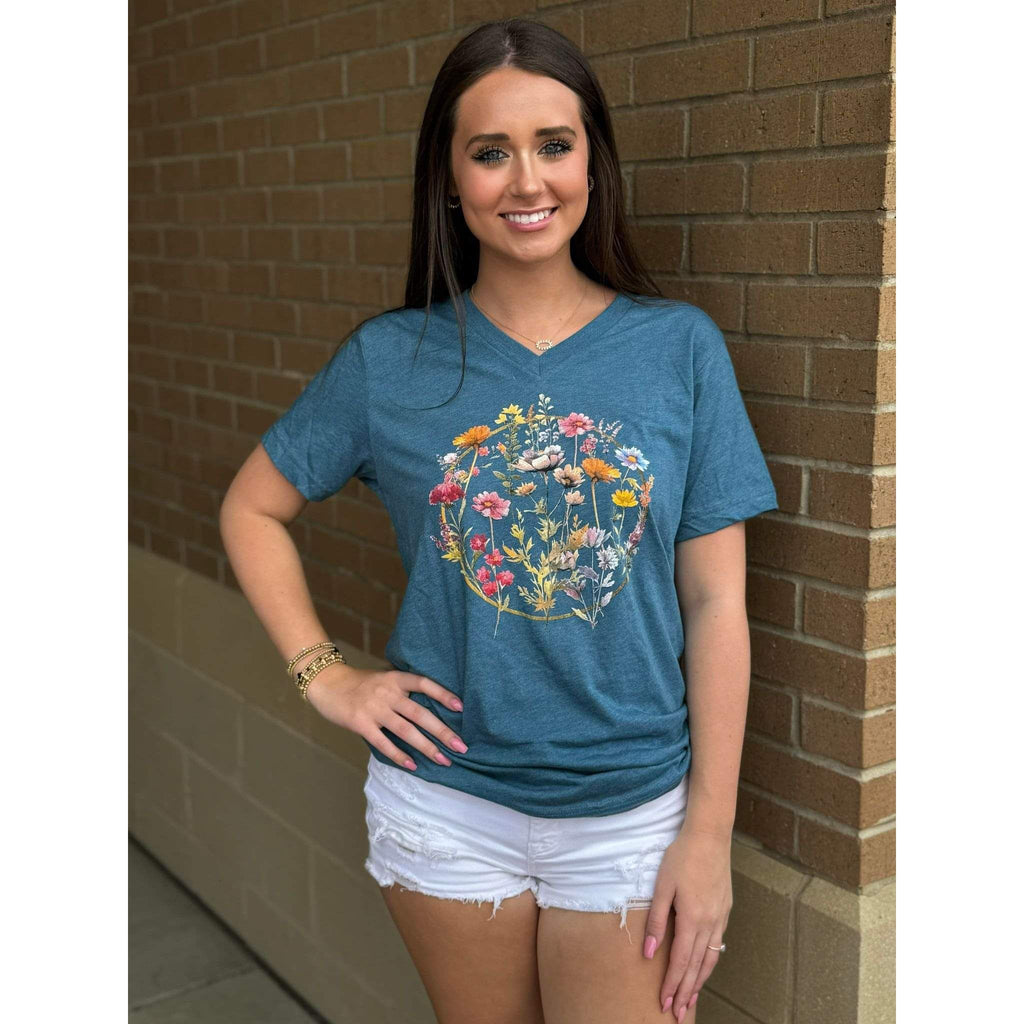 Boho Floral Ring Short Sleeve V Neck Tee