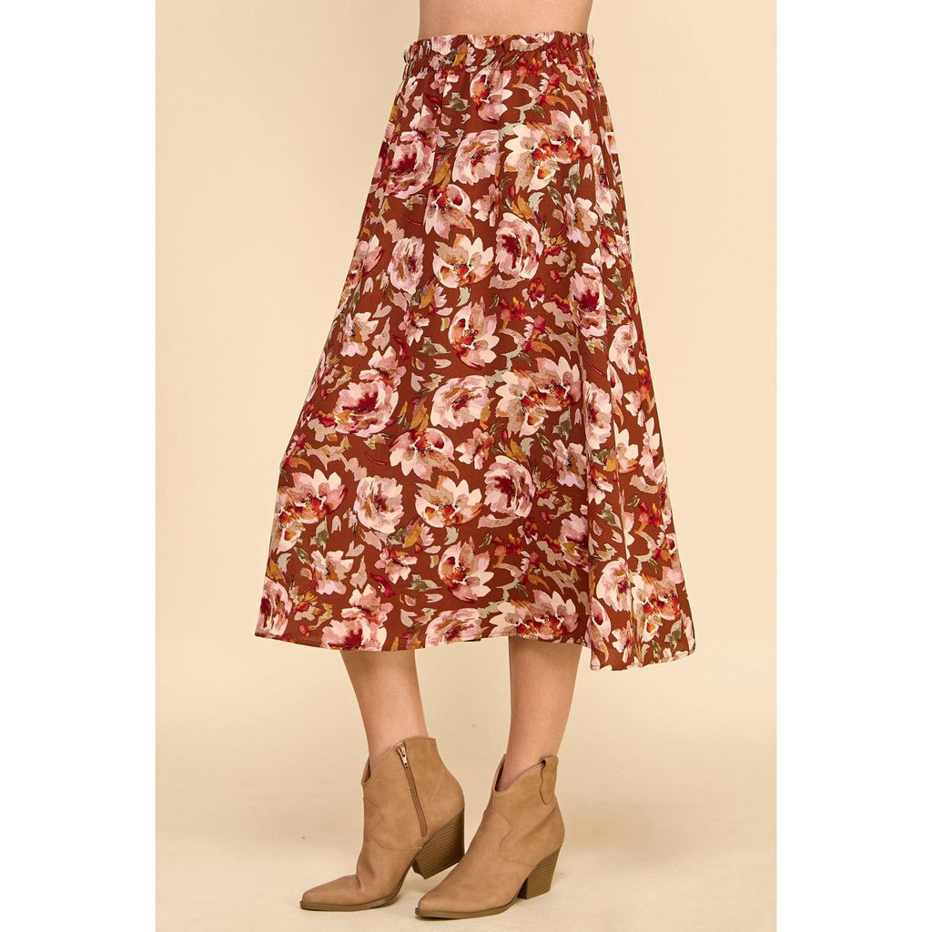 Phyllis Floral Print Midi Skirt - Brown