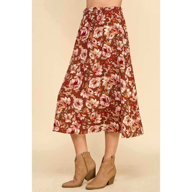 Phyllis Floral Print Midi Skirt - Brown