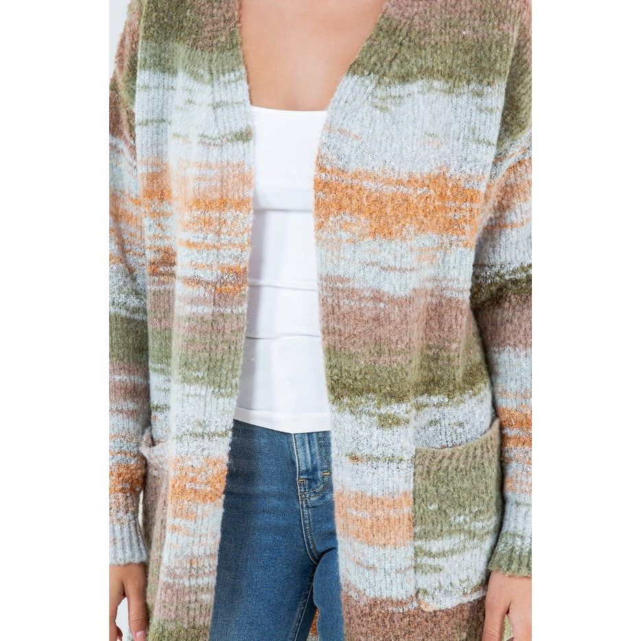 Jillian Brushstroke Striped Long Cardigan - Olive/Multi