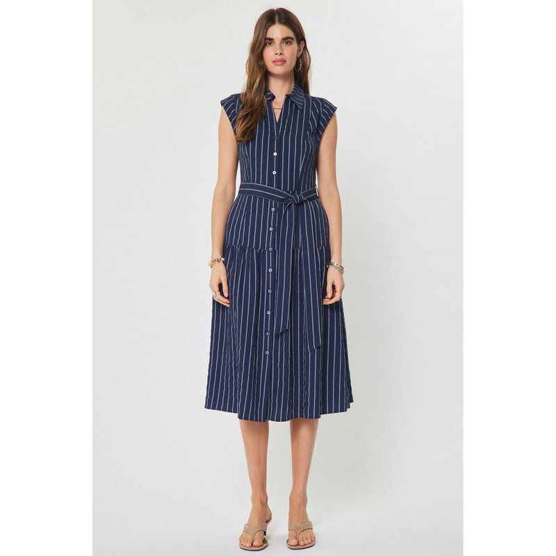 navy blue button down midi dress Polka Dot Button-Down Midi Dress