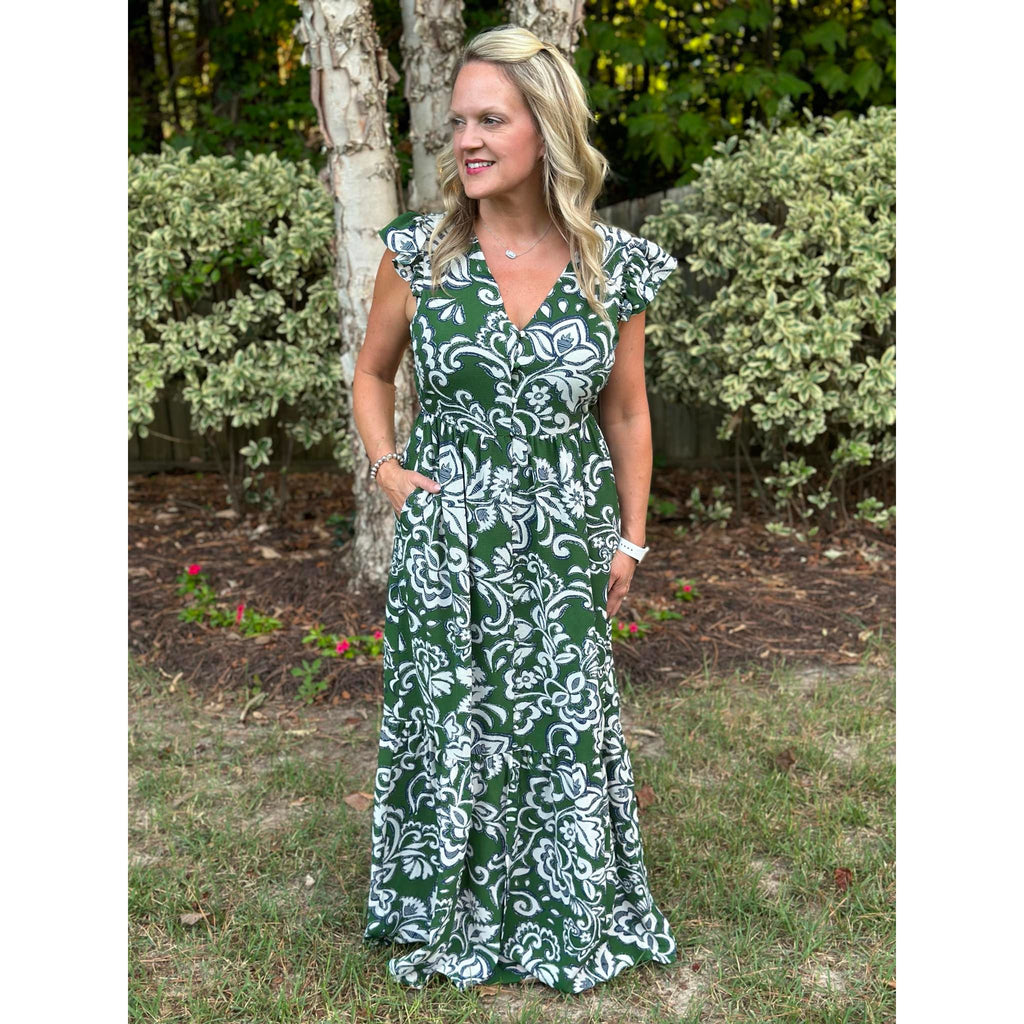 Harriet Floral Button Down Maxi Dress - Cream/Green - FINAL SALE