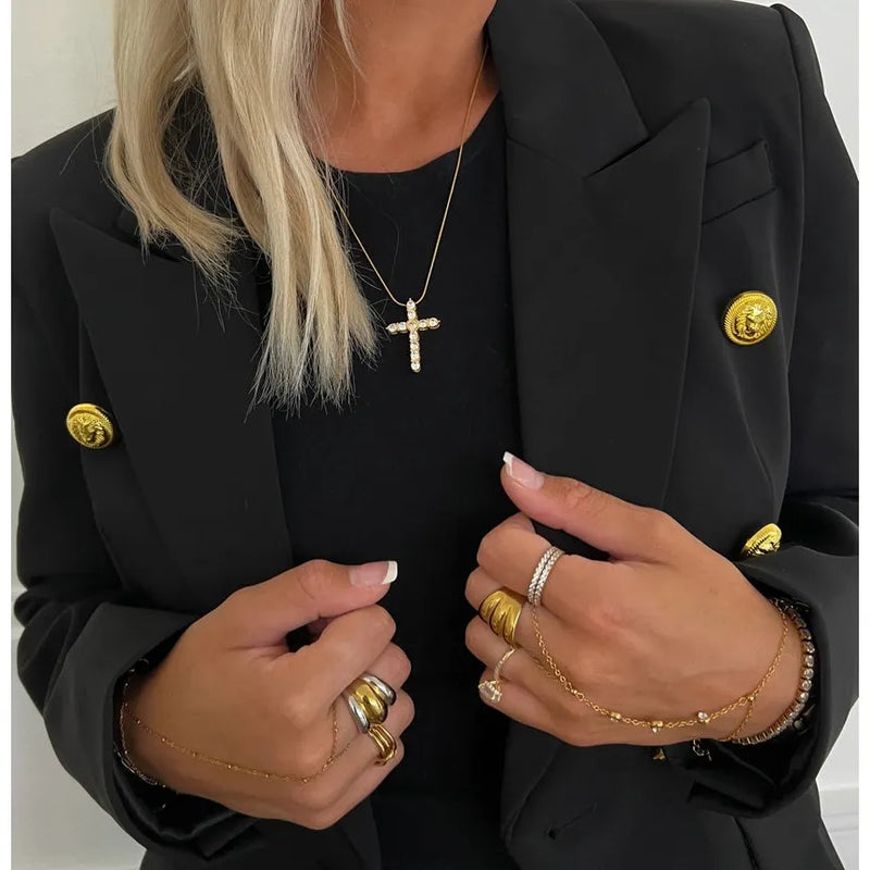 CHANSUTTPEARLS XL Faux Diamond Cross Necklace - Gold