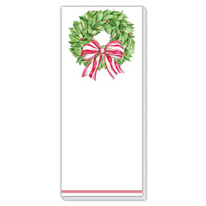 Christmas Wreath Berries and Red Striped Bow Skinny Notepad