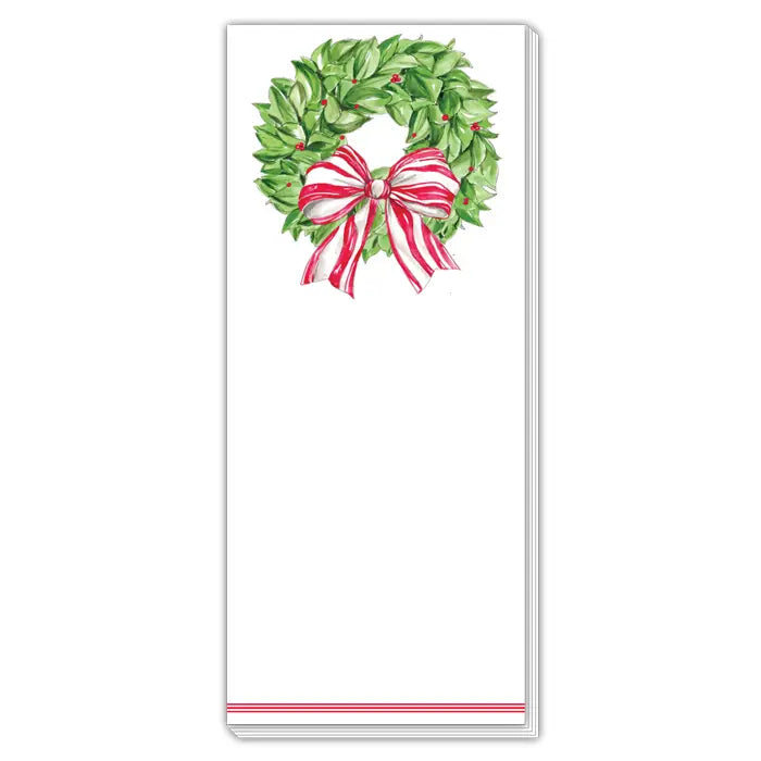 Christmas Wreath Berries and Red Striped Bow Skinny Notepad