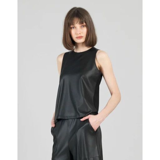 Clara Sunwoo Liquid Leather Sheen Two-Tone Jewel Neck Tank - Black
