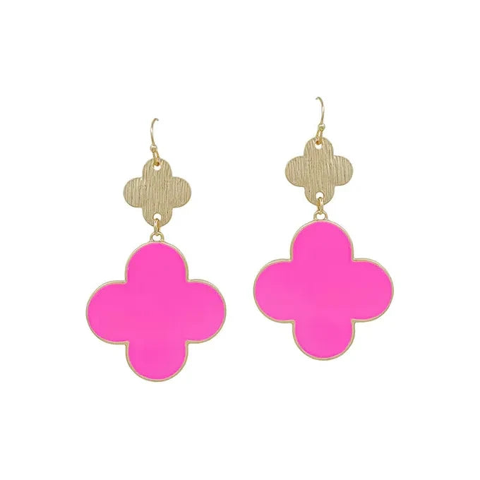 Clover Metal & Epoxy Earrings - Hot Pink/Gold