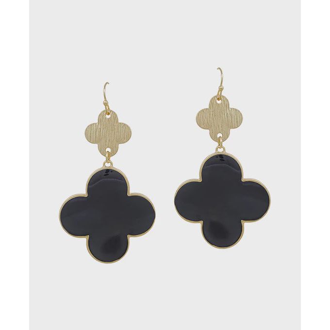 Clover Metal & Epoxy Color Earrings - Black/Gold