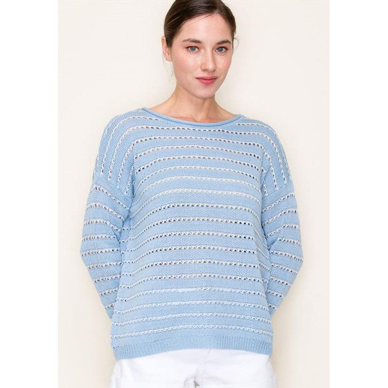 Gizelle Crochet Open Weave Striped Boat Neck Sweater - Chambray Blue