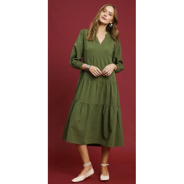 Cyndi Textured Tiered Midi Dress - Olive