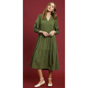 Cyndi Textured Tiered Midi Dress - Olive