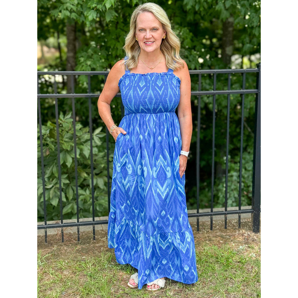 Carys Abstract Smocked Maxi Dress - Blues-Multi