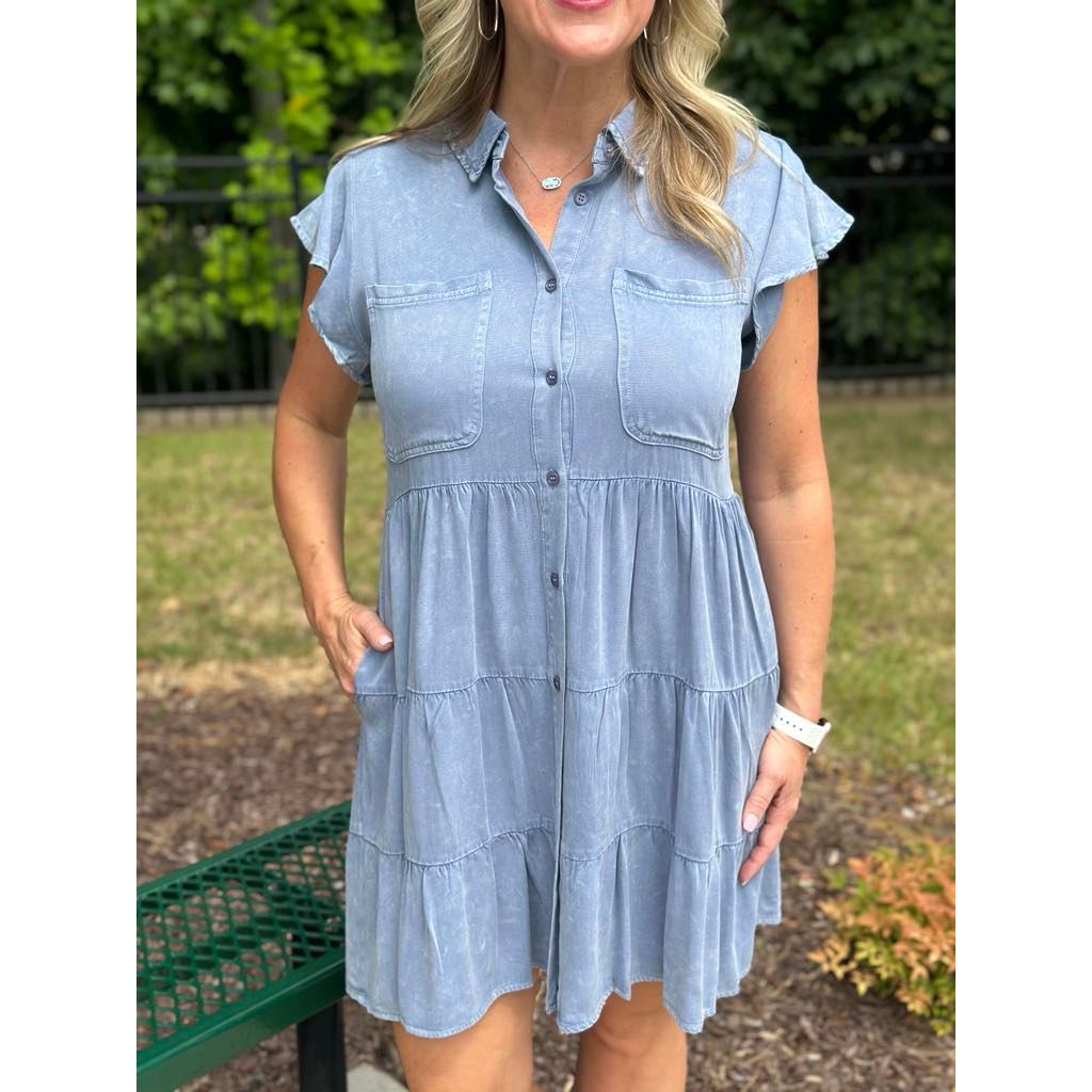 Bliss Solid Tiered Dress - Denim