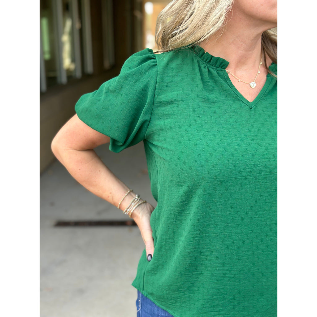 Dani Textured Puff Sleeve Top - Hunter Green