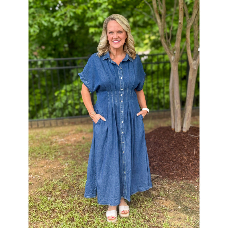 Christie Pleated Waist Midi Dress - Denim
