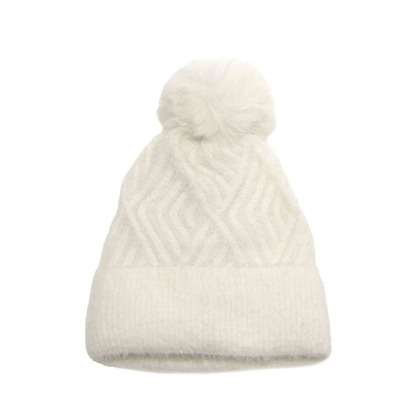 Diamond Rib Pom Pom Hat - White