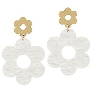 Double Flower Wood Dangle Earrings - White