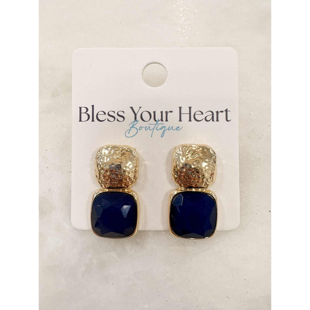 Double Square Gold and Gemstone Earrings - Navy