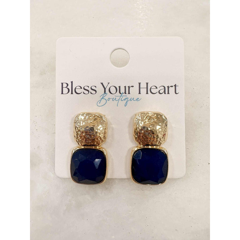 Double Square Gold and Gemstone Earrings - Navy