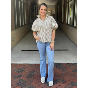 Amelia Short Sleeve Zip Collar Striped Top - Olive