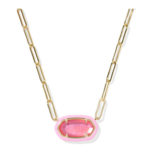 Necklace with pink pendant and gold chain on a white background