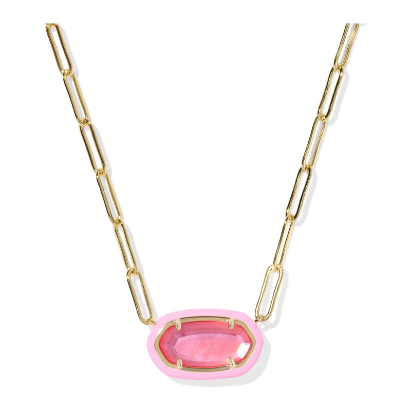 Necklace with pink pendant and gold chain on a white background