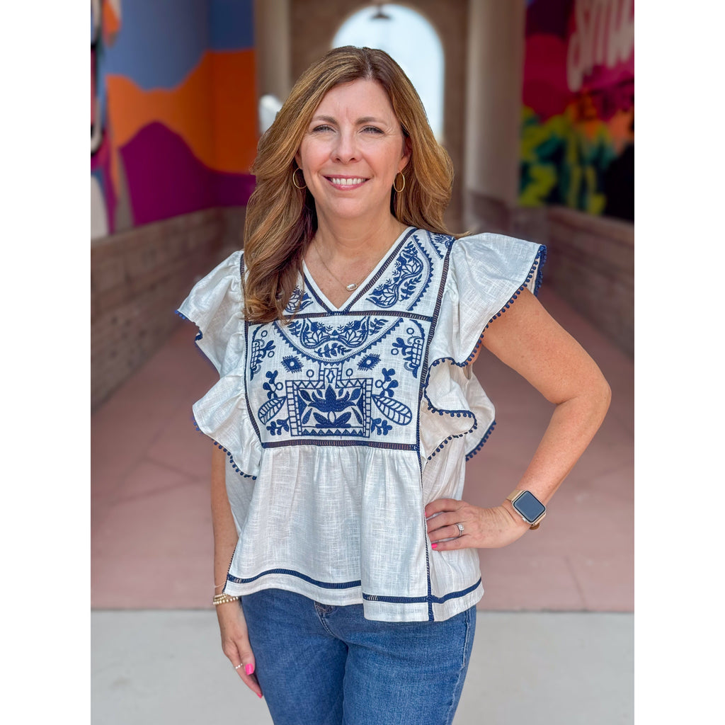 Reyna Embroidered Flutter Sleeve Top - Off White/Navy