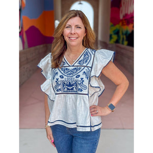 Reyna Embroidered Flutter Sleeve Top - Off White/Navy