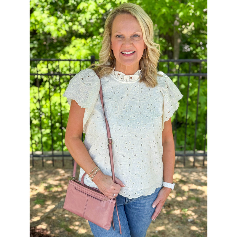 Cameron Embroidered Scallop Hem Top - Off White
