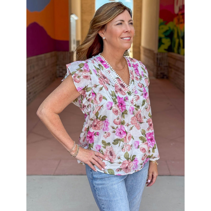 Emily Floral Flutter Sleeve Top - Ivory/Multi