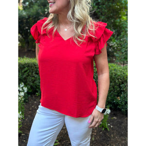 Emmy Double Flutter Sleeve Top - Red