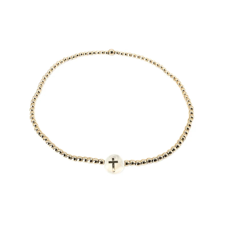 Erin Gray Gold Filled Cross Mother of Pearl Charm Waterproof Bracelet- 2mm