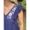 Vanessa V-Neck Cotton Gauze Top Detailed with Floral Embroidery - Navy